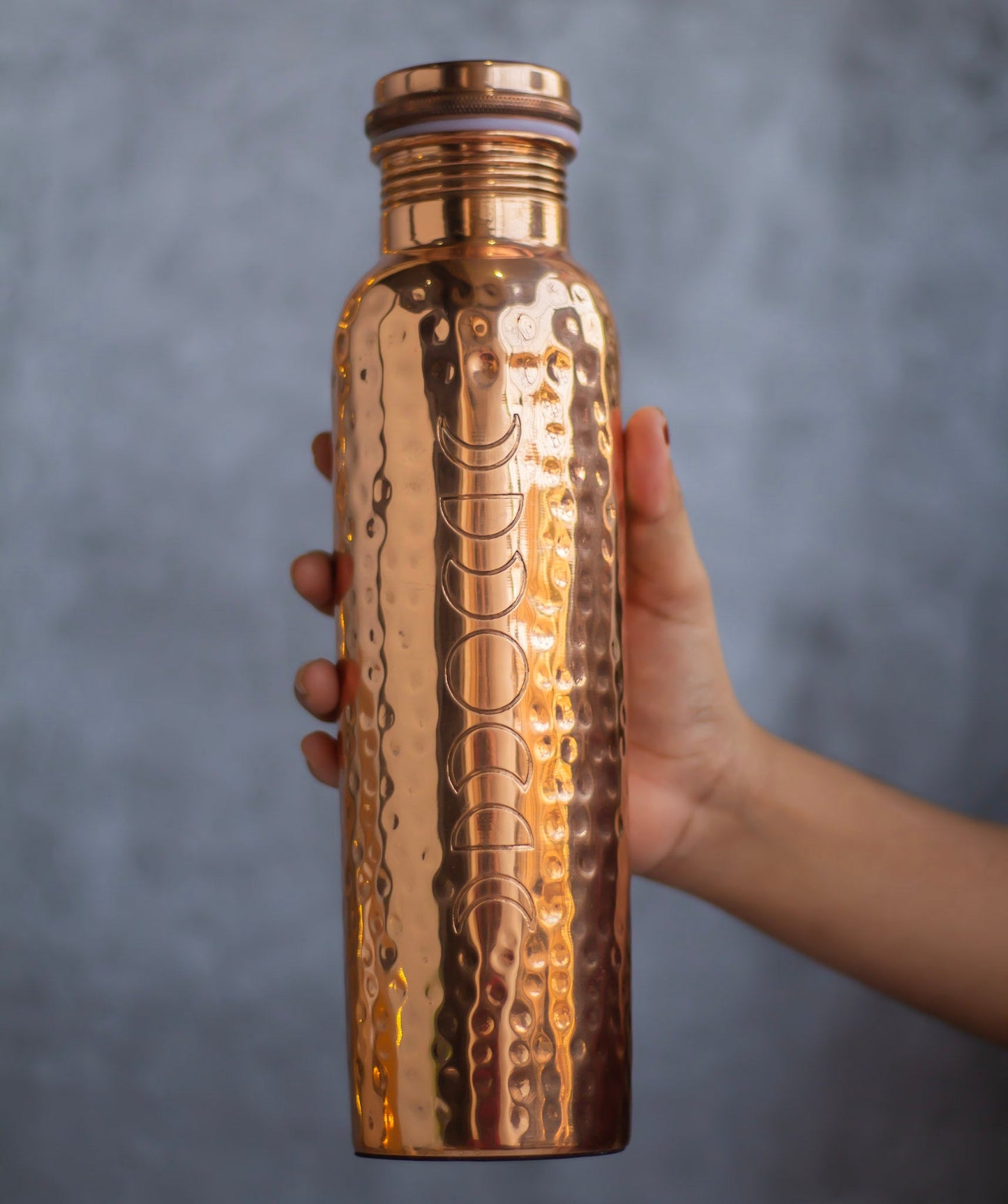 Moonphase Carved With Hammered Design Copper Bottle Altarware | Altar