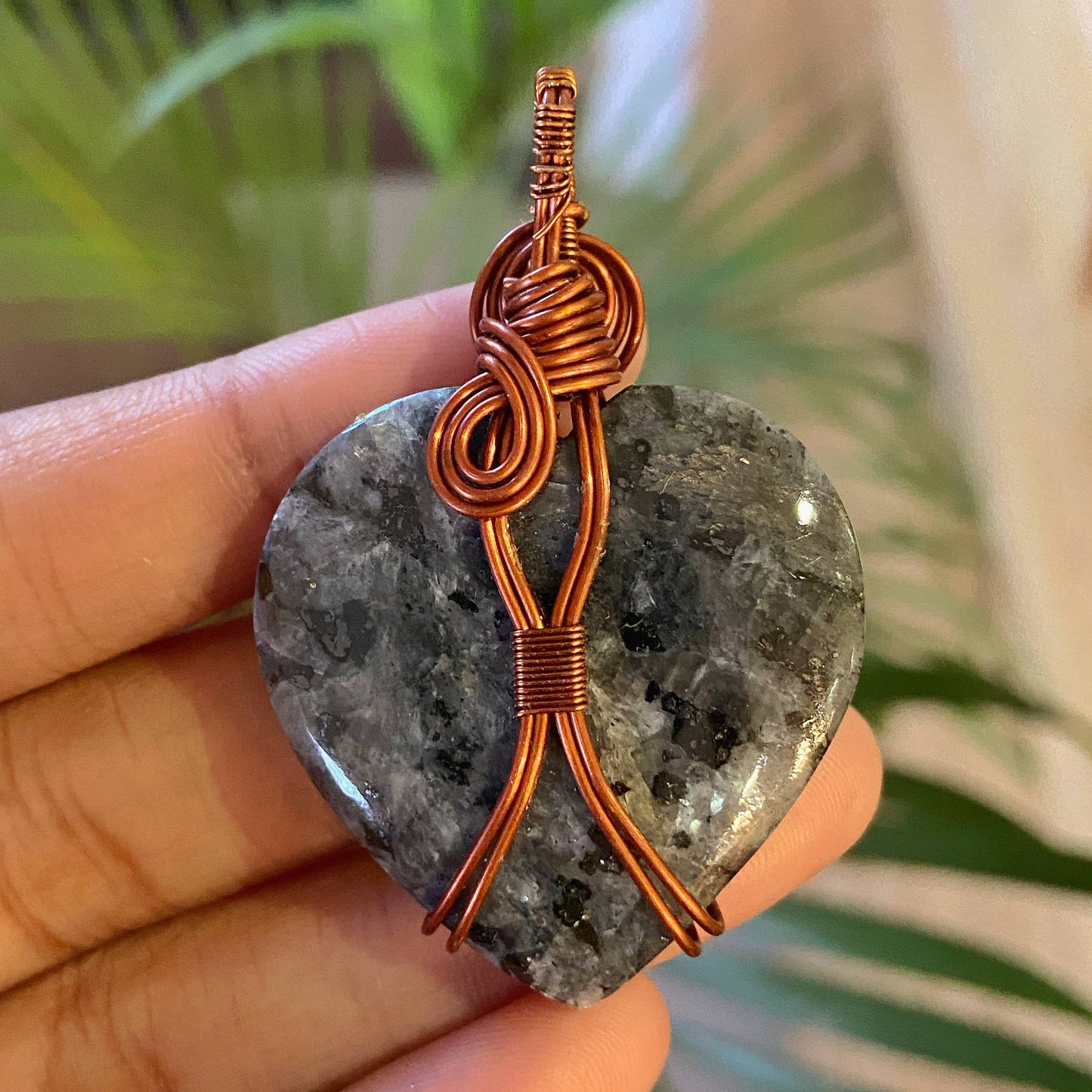 Larvikite Copper Wire Wrapped Pendant with Cord | Emotional Healing & Inner Peace