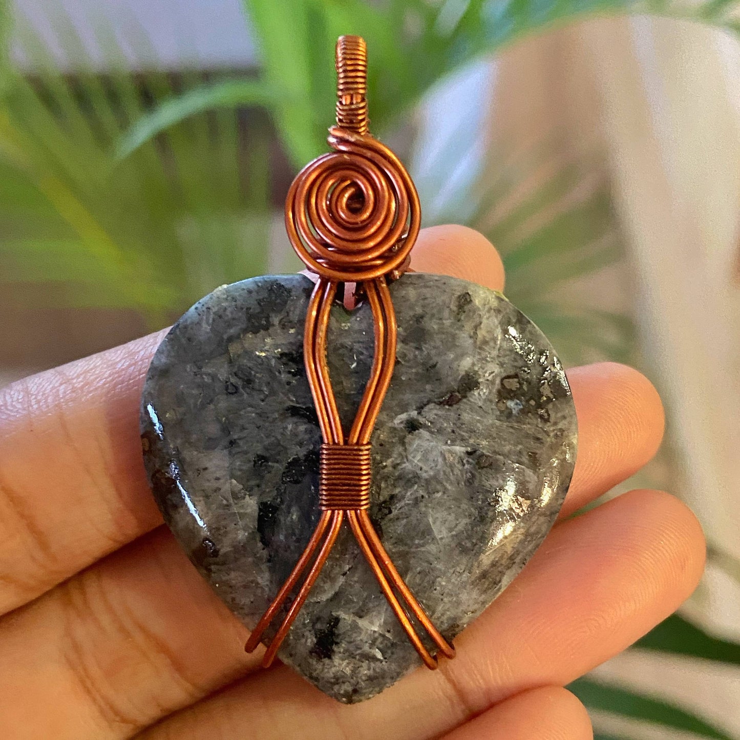 Larvikite Copper Wire Wrapped Pendant with Cord | Emotional Healing & Inner Peace