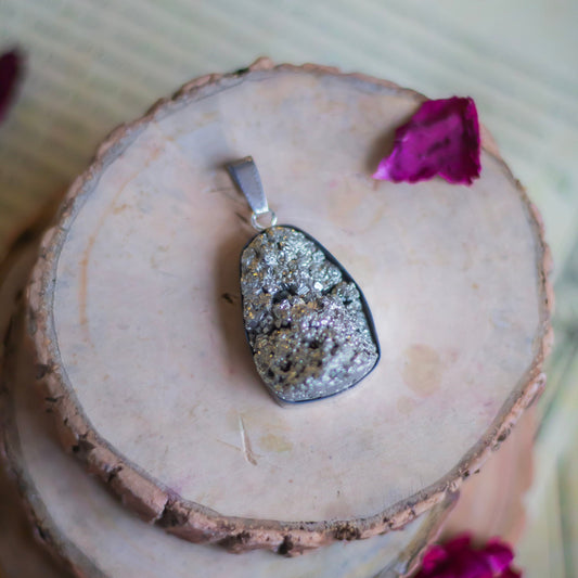 High Quality Pyrite Cluster Peruvian Pendant With Leather Cord Crystal & Stones