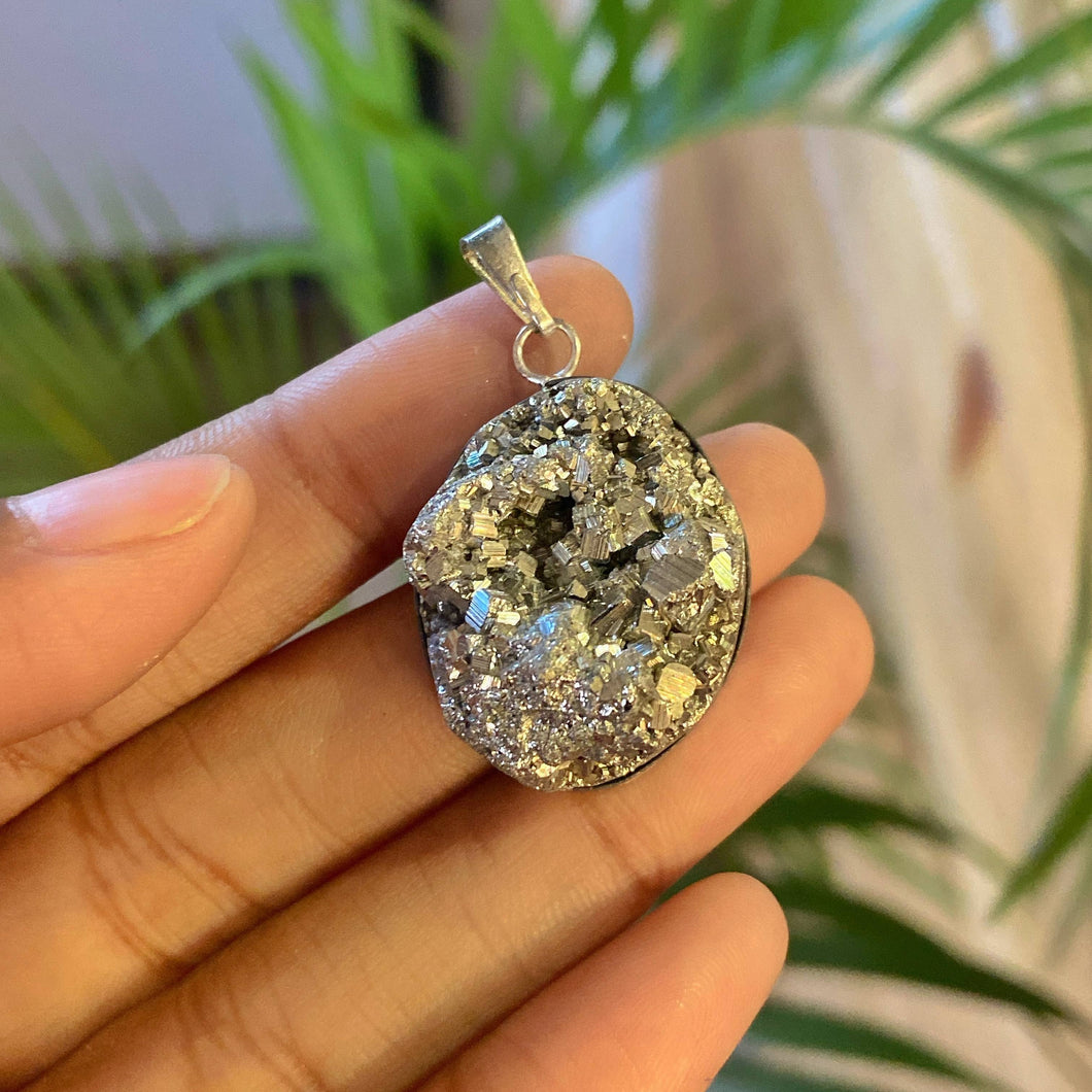 High quality Pyrite cluster Peruvian Pendant with leather cord