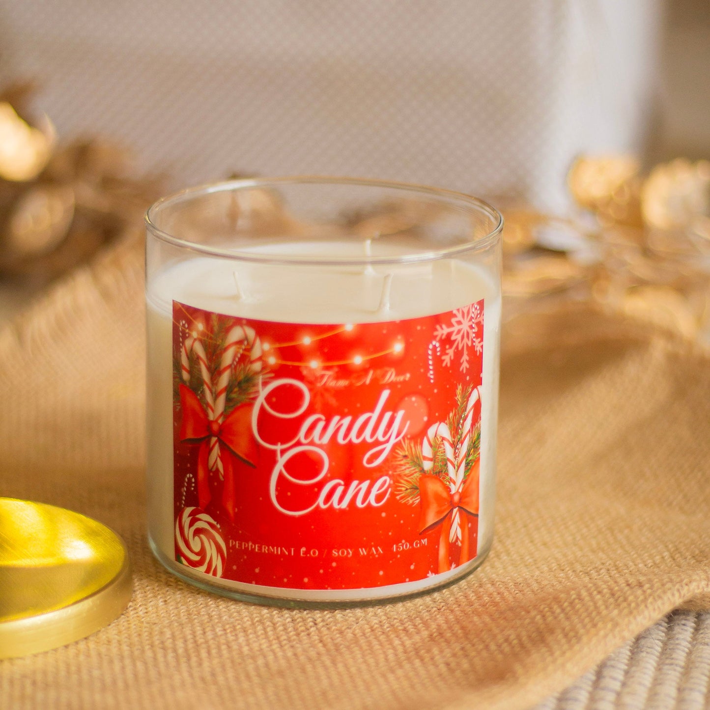 Candy Cane 3 wick Soy Candle with Golden Lid