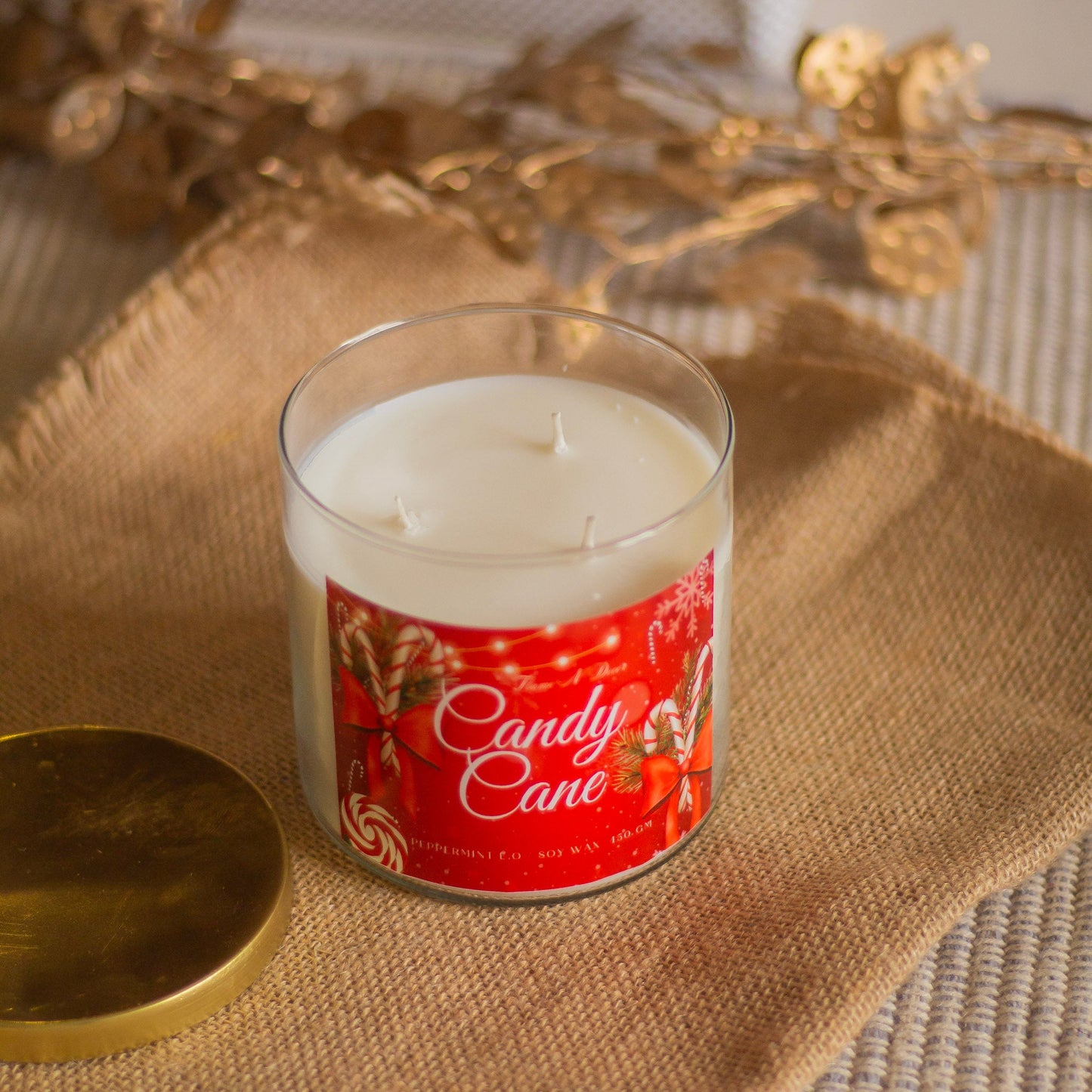 Candy Cane 3 wick Soy Candle with Golden Lid