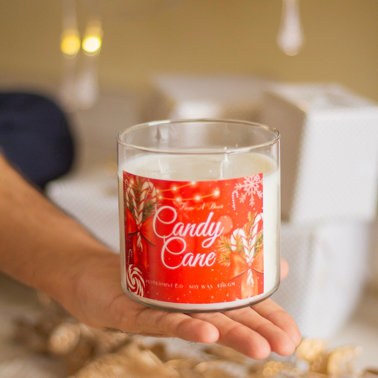 Candy Cane 3 wick Soy Candle with Golden Lid