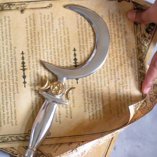 Ritual Sickle With Triple Moon Phase Symbol | Goddess Hecate Harvest Deity Altarware Altar