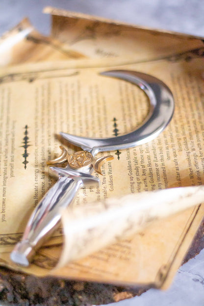 Ritual Sickle With Triple Moon Phase Symbol | Goddess Hecate Harvest Deity Altarware Altar