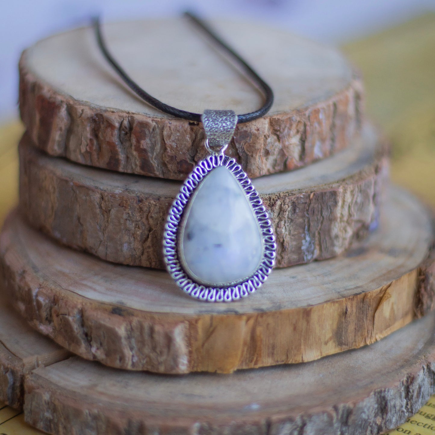 Rainbow moonstone Oxidised Pendant with Cord | Cultivates Compassion & empathy