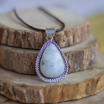 Rainbow moonstone Oxidised Pendant with Cord | Cultivates Compassion & empathy