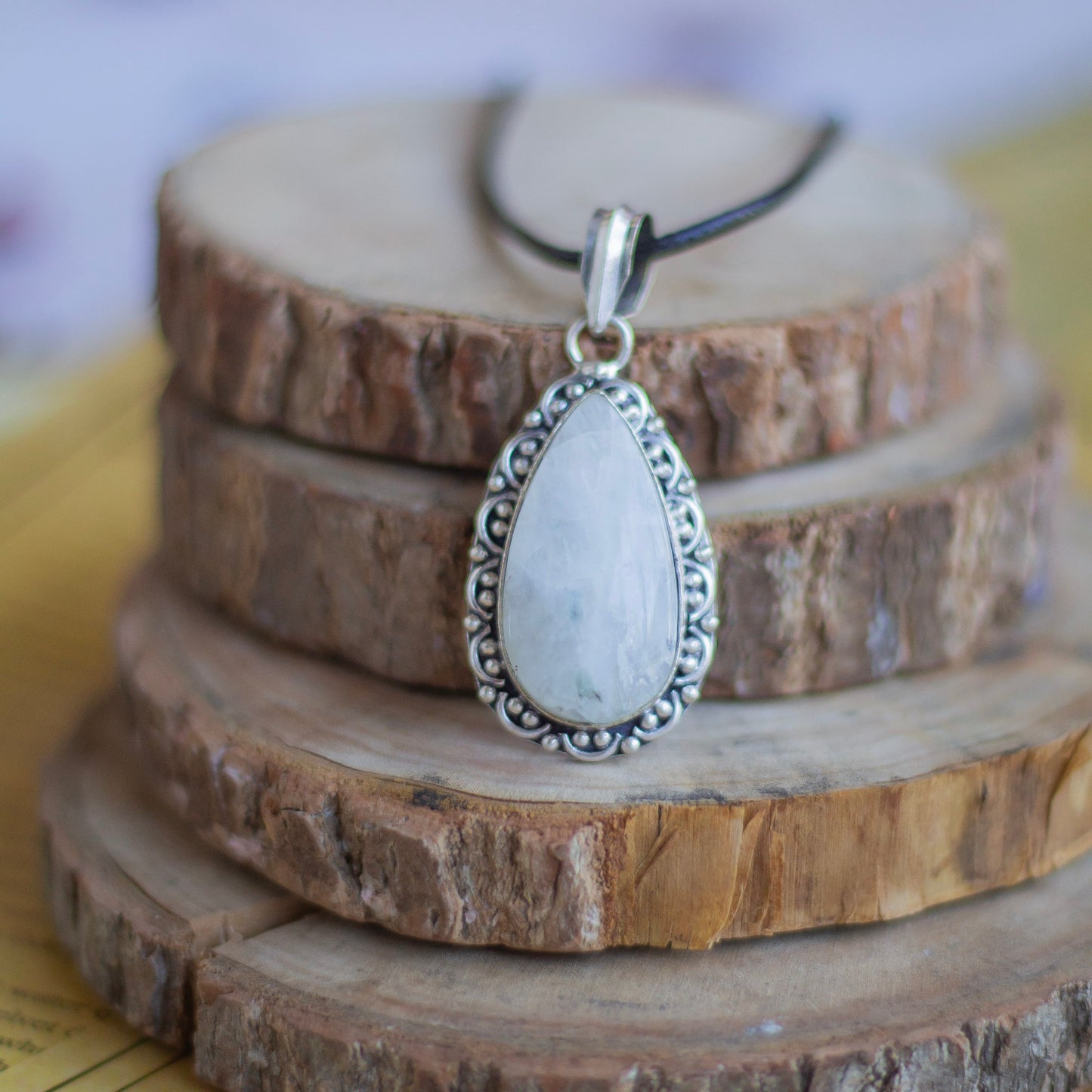 Rainbow moonstone Oxidised Pendant with Cord | Cultivates Compassion & empathy