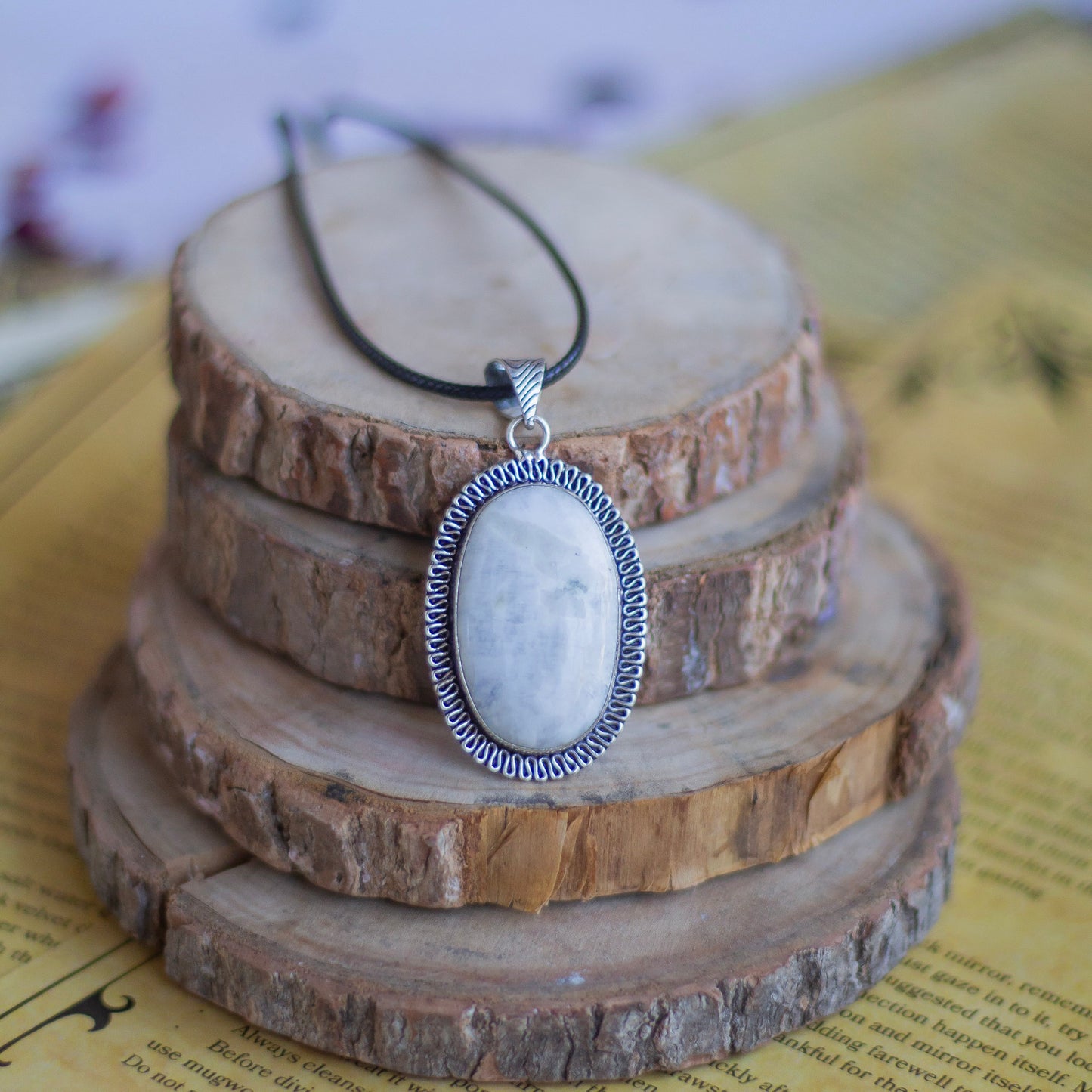 Rainbow moonstone Oxidised Pendant with Cord | Cultivates Compassion & empathy