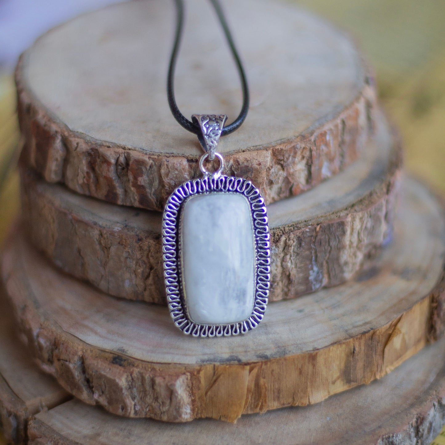 Rainbow moonstone Oxidised Pendant with Cord | Cultivates Compassion & empathy