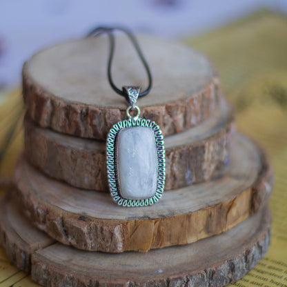 Rainbow moonstone Oxidised Pendant with Cord | Cultivates Compassion & empathy