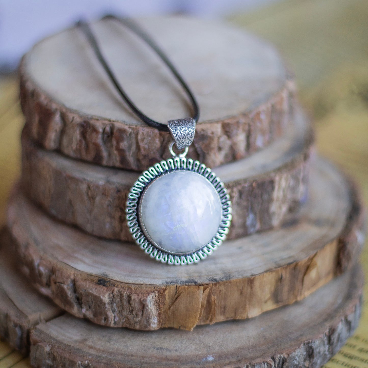 Rainbow moonstone Oxidised Pendant with Cord | Cultivates Compassion & empathy