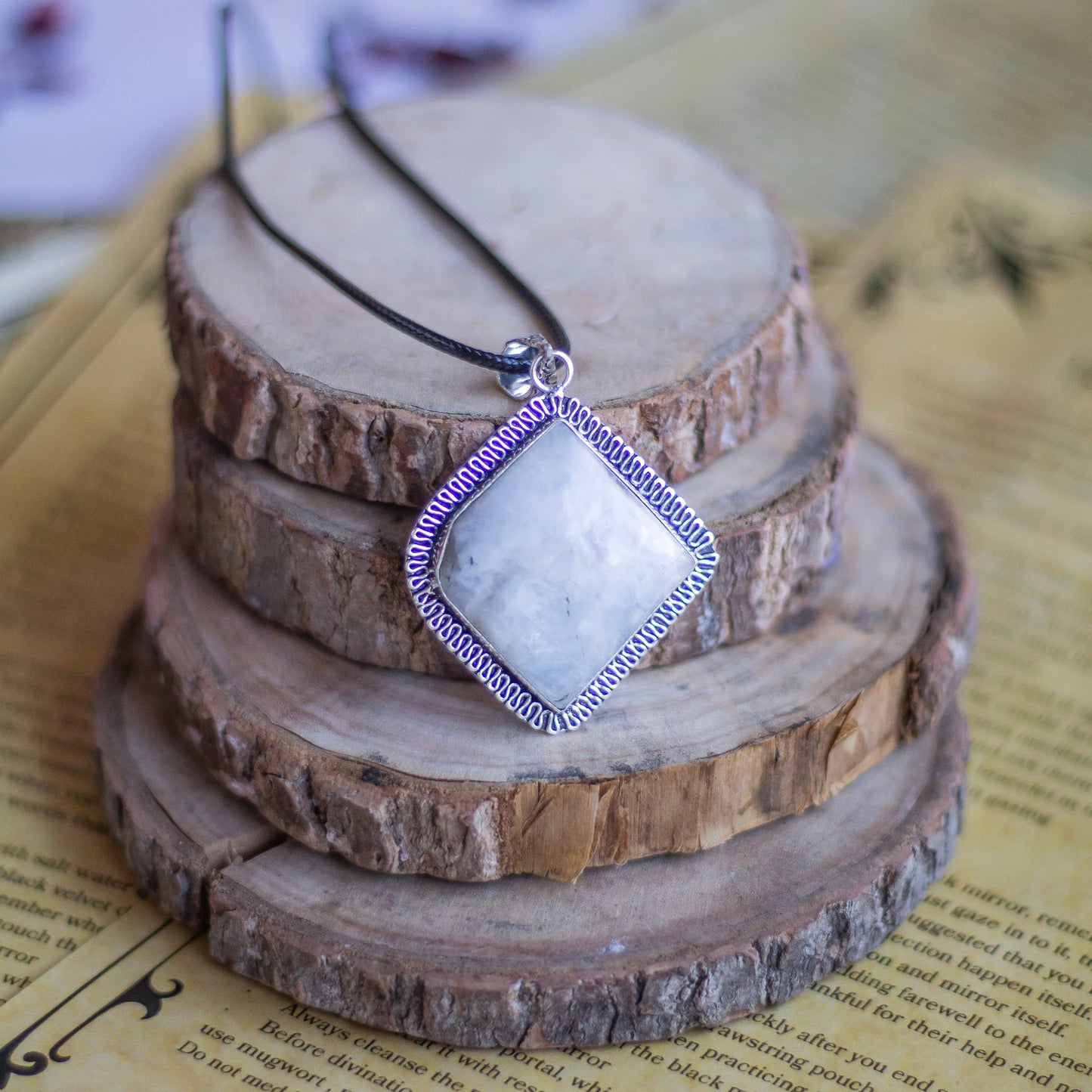 Rainbow moonstone Oxidised Pendant with Cord | Cultivates Compassion & empathy