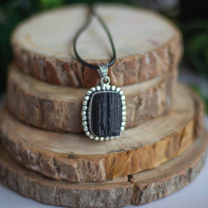 Black Tourmaline Oxidised Pendant with Cord | Grounding & Protection