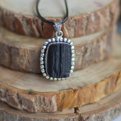 Black Tourmaline Oxidised Pendant with Cord | Grounding & Protection