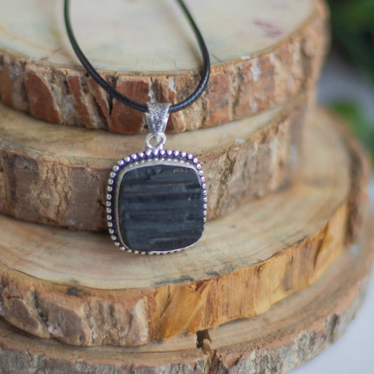 Black Tourmaline Oxidised Pendant with Cord | Grounding & Protection