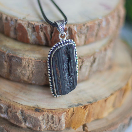 Black Tourmaline Oxidised Pendant with Cord | Grounding & Protection