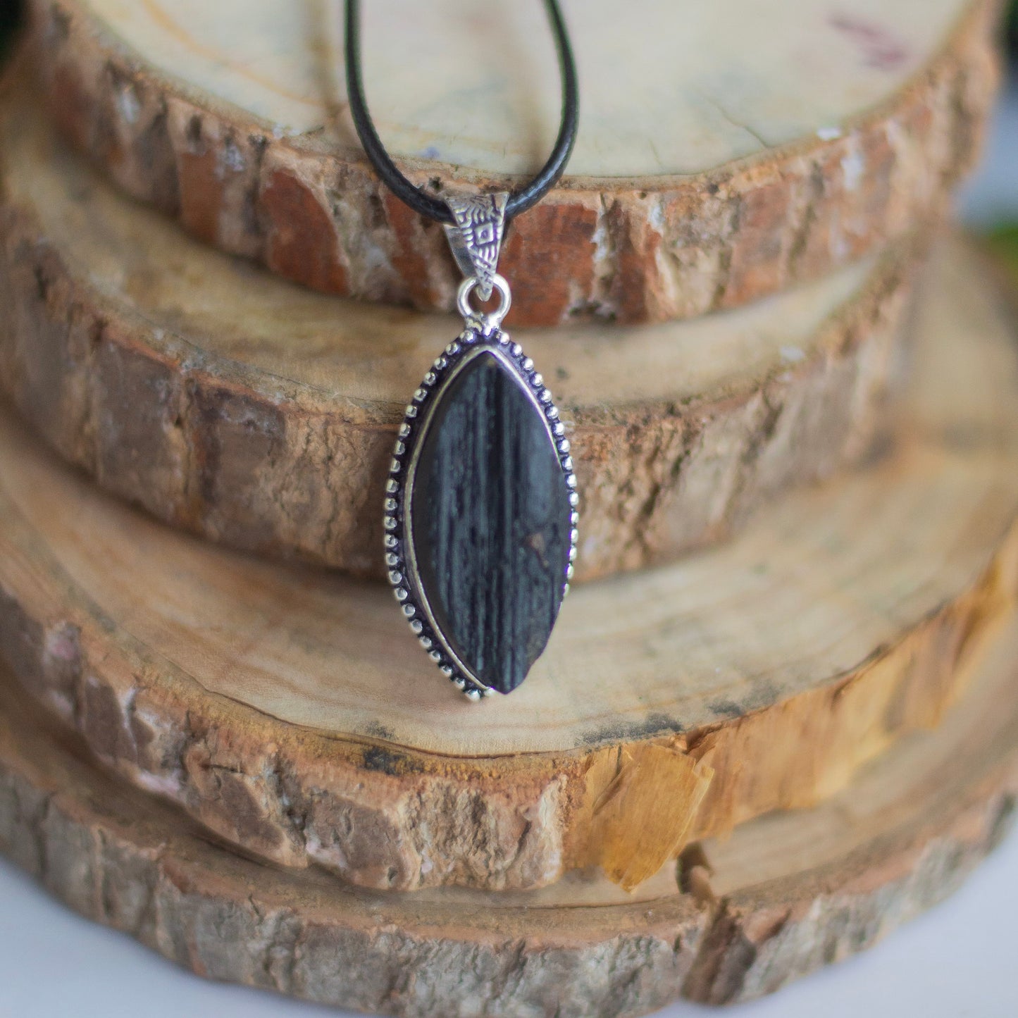 Black Tourmaline Oxidised Pendant with Cord | Grounding & Protection