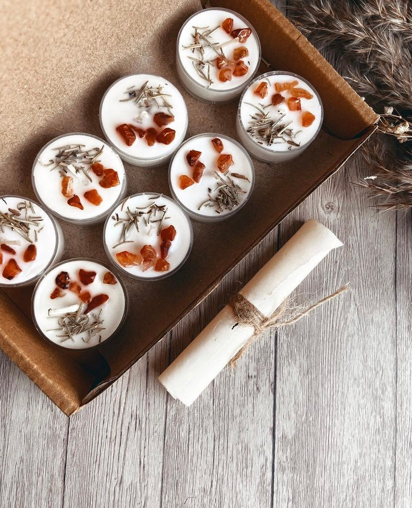 Scented Tea Light Candles Set Of 8 - Infused With Rosemary & Orange Carnelian Candle