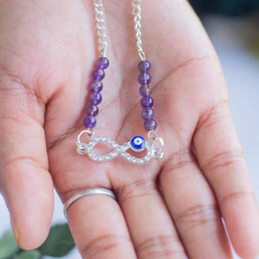 Amethyst with Infinity & evil eye charm Necklace | Helps activating Third Eye & Psychic abilities
