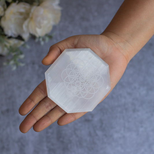Flower of Life Carved Selenite Plate (Satin Spar Selenite) | Stone for Spiritual work & Cleansing
