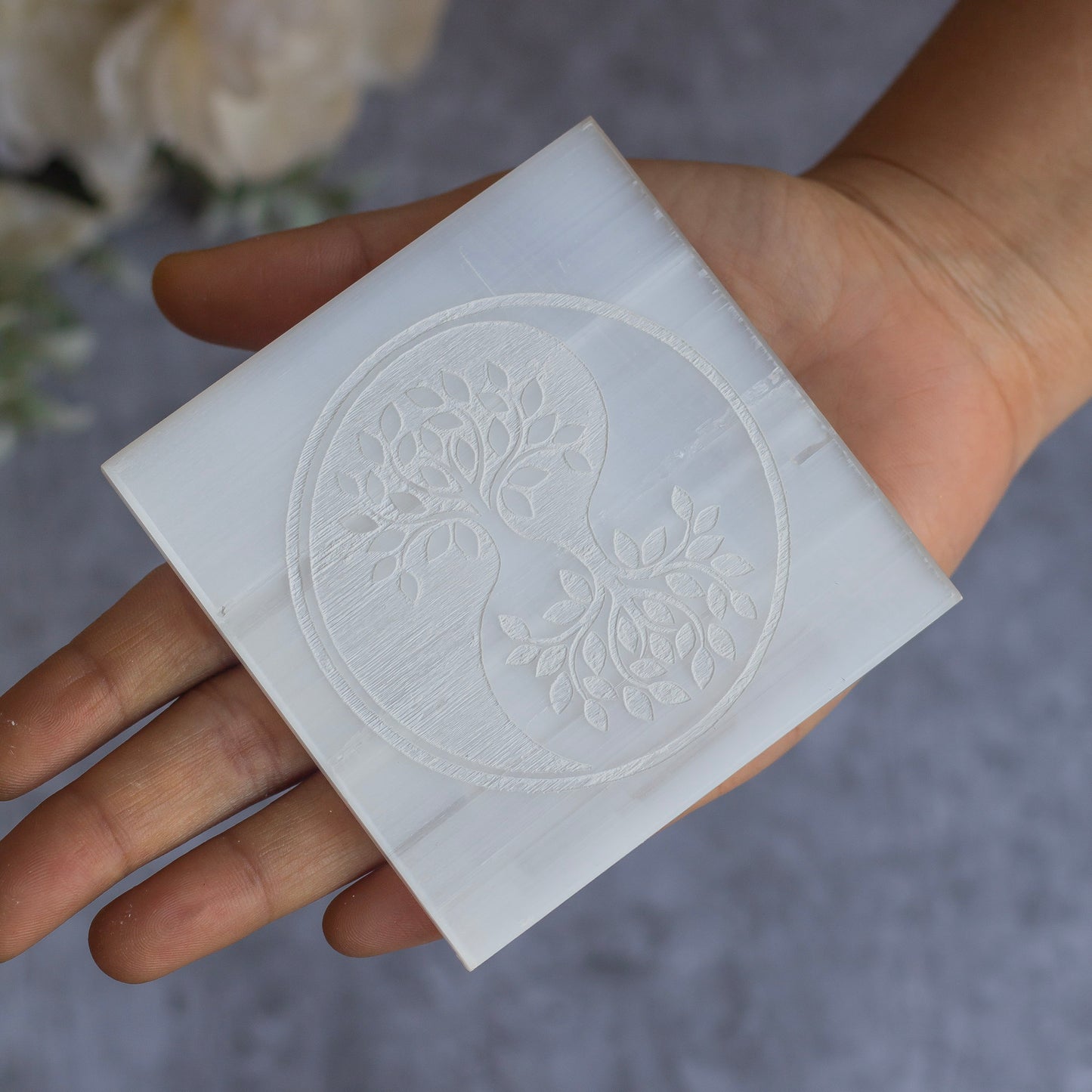 Yin Yang Carved Selenite Plate (Satin Spar Selenite) | Stone for Spiritual work & Cleansing