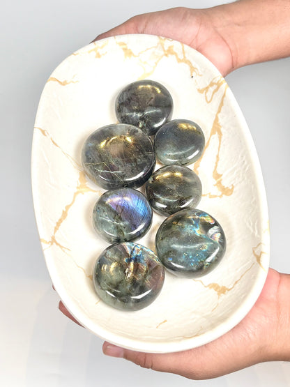 Labradorite Coin Stone – Pink, Blue & Green Flash