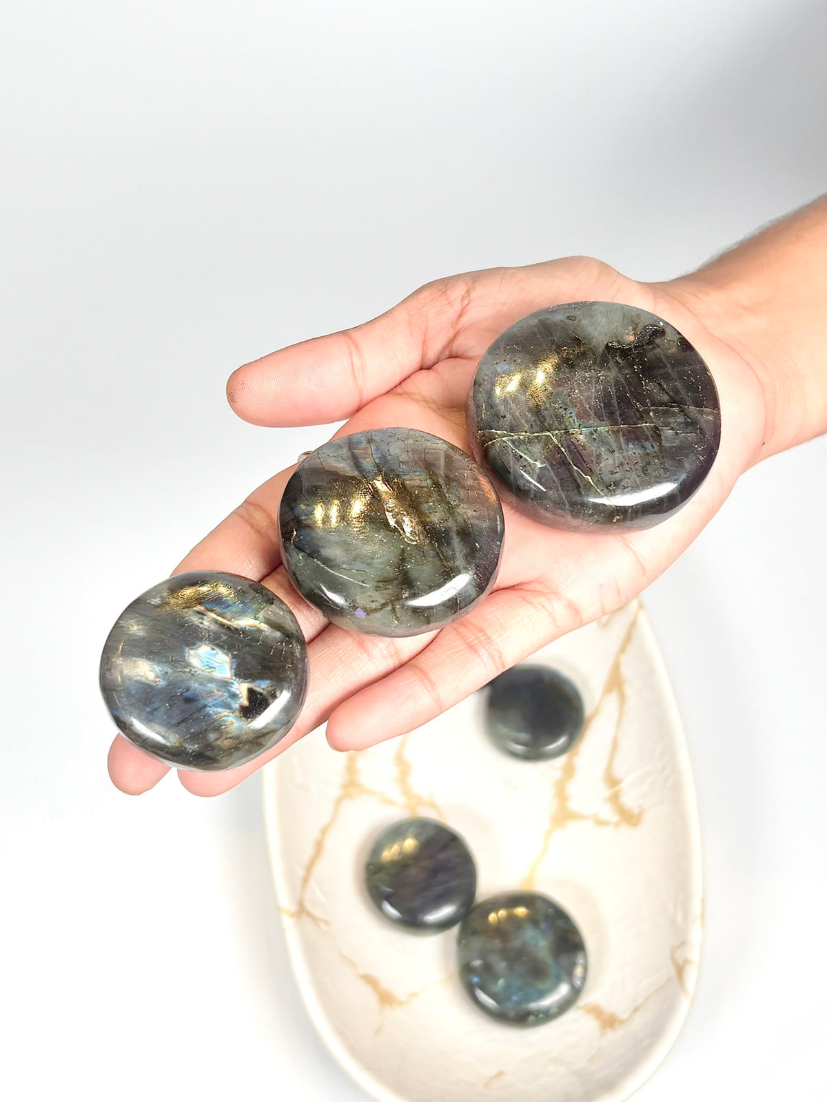 Labradorite Coin Stone – Pink, Blue & Green Flash