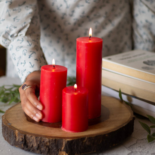 Red Pillar Unscented Candle | Set of 3