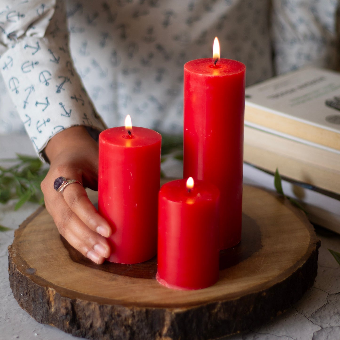 Red Pillar Unscented Candle | Set of 3