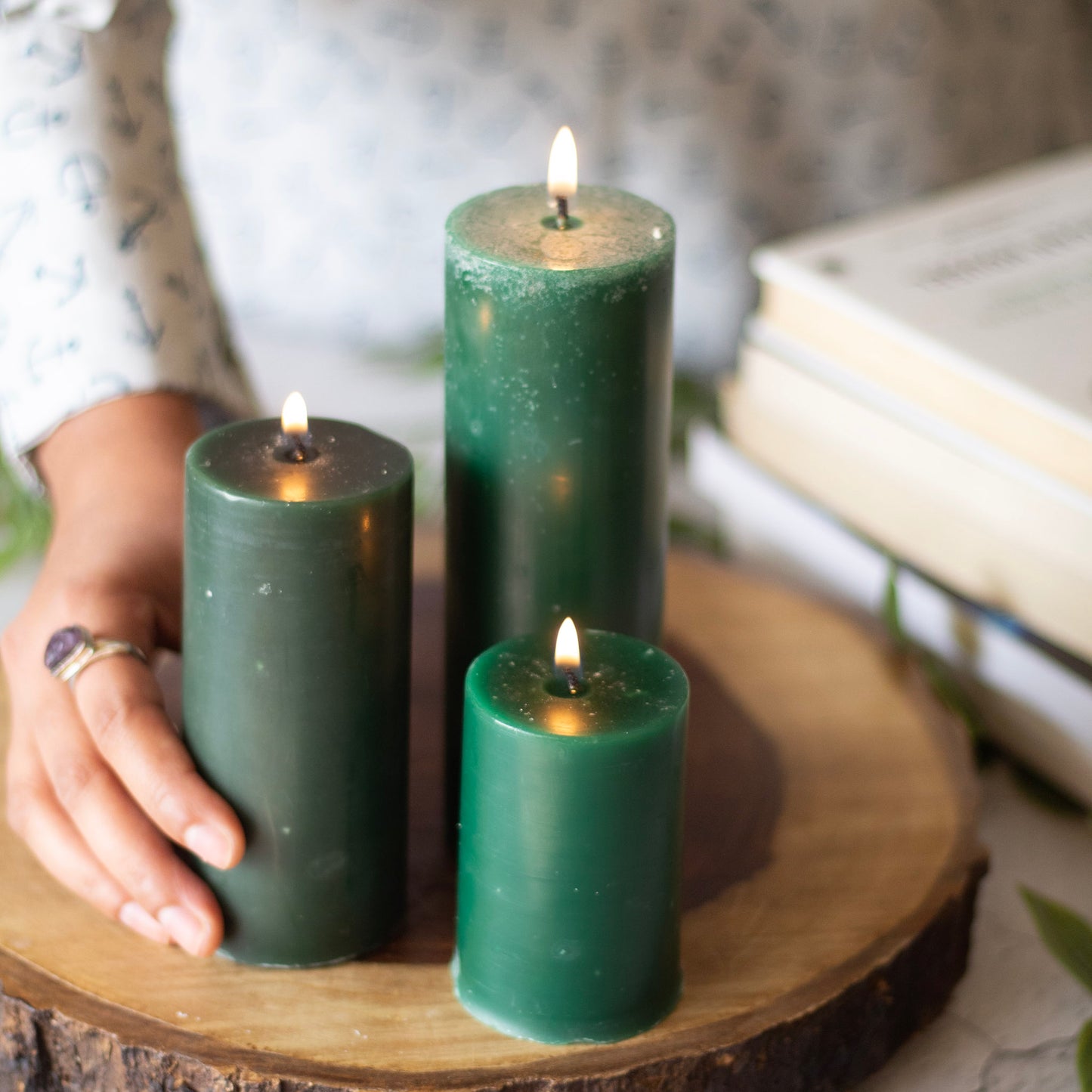 Green Pillar Unscented Candle | Set of 3