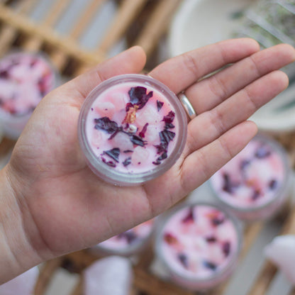 Rose Petals + Rose Quartz + Pink Scented Soy Wax Tealight Candles- Set of 8 | Available in Glass Container & Refill