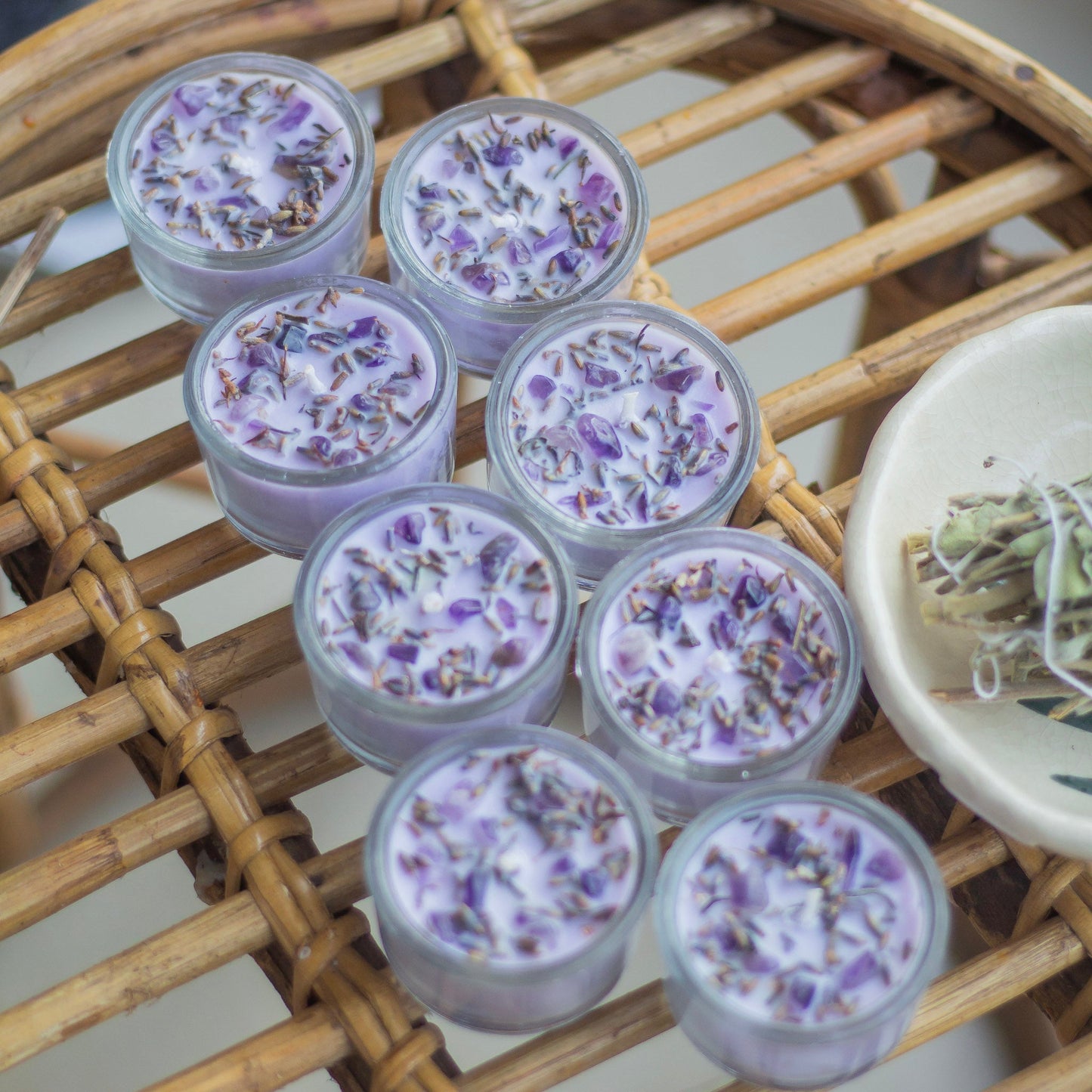 Lavender Buds + Amethyst + Lavender colour Scented Soy Wax Tealight Candle - Set of 8 | Available in Glass Container & Refill