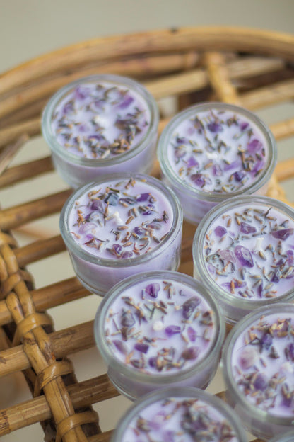 Lavender Buds + Amethyst + Lavender colour Scented Soy Wax Tealight Candle - Set of 8 | Available in Glass Container & Refill