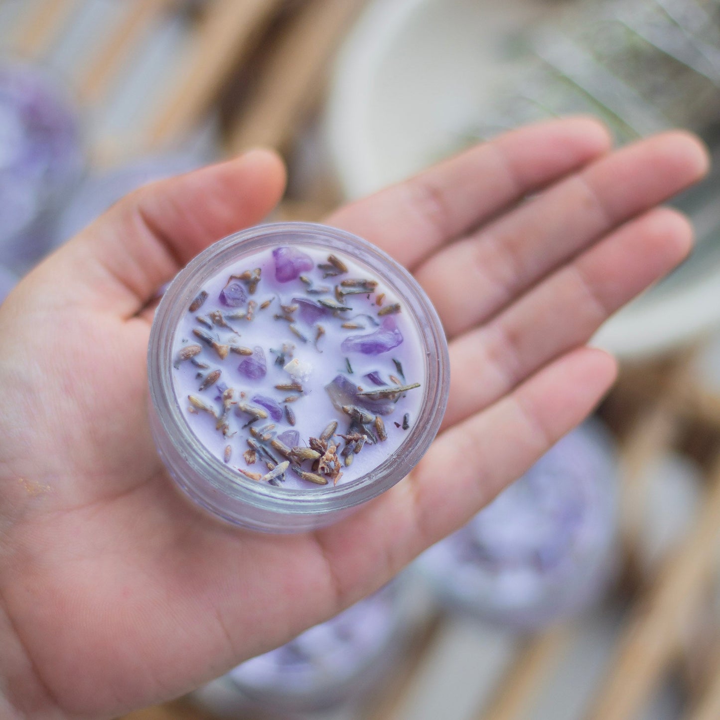 Lavender Buds + Amethyst + Lavender colour Scented Soy Wax Tealight Candle - Set of 8 | Available in Glass Container & Refill