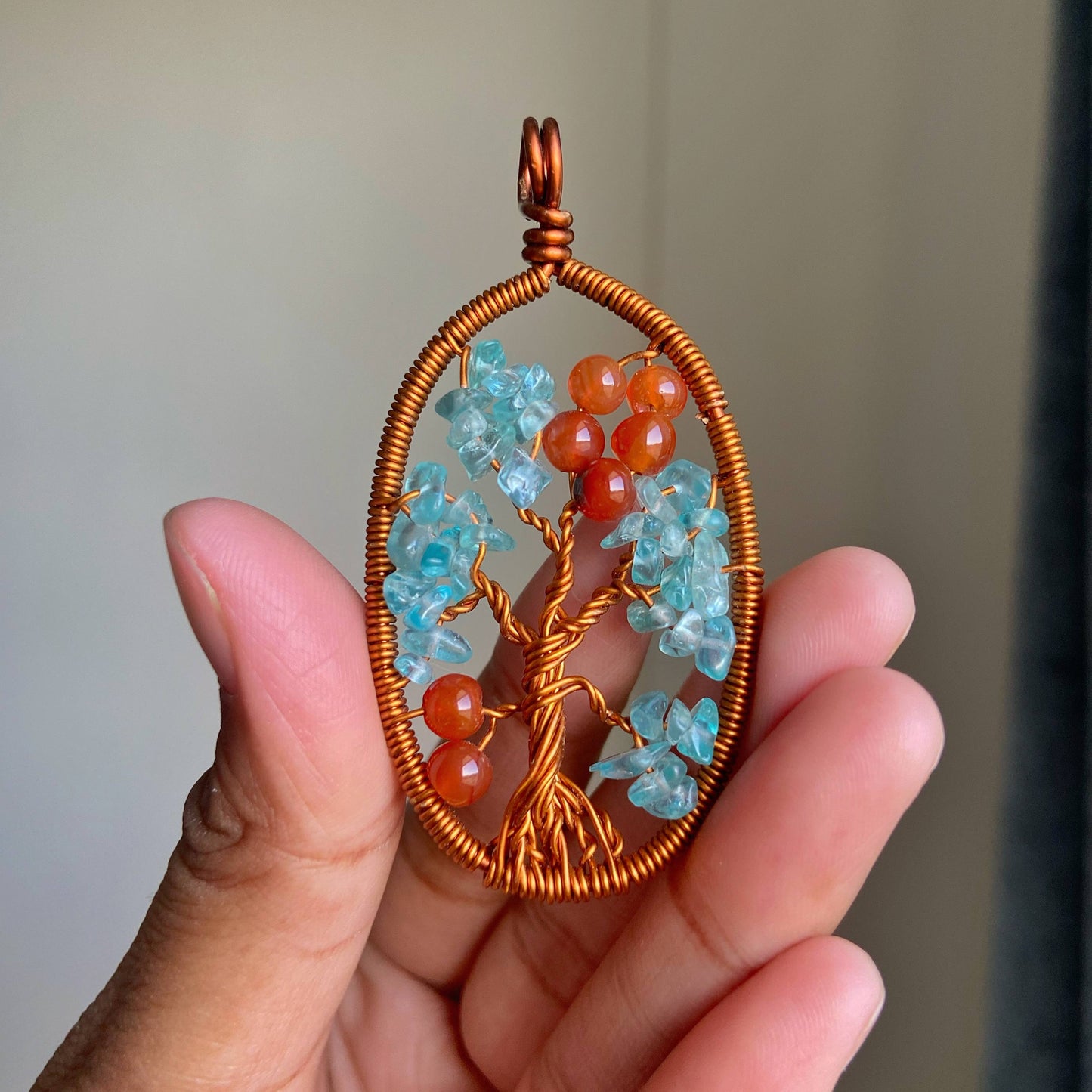 Orange Carnelian & Blue Apatite Copper Wire wrapped Pendant | Tree Life