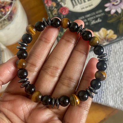 Protection & Grounding Bracelet | Combination of Hematite Chips, Tiger's eye and Black Obsidian
