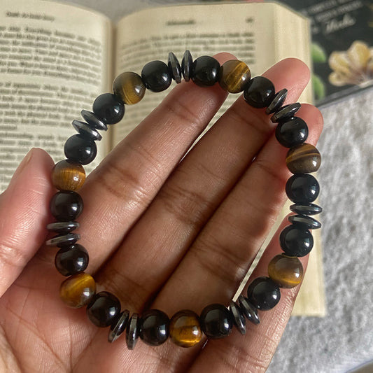Protection & Grounding Bracelet | Combination of Hematite Chips, Tiger's eye and Black Obsidian