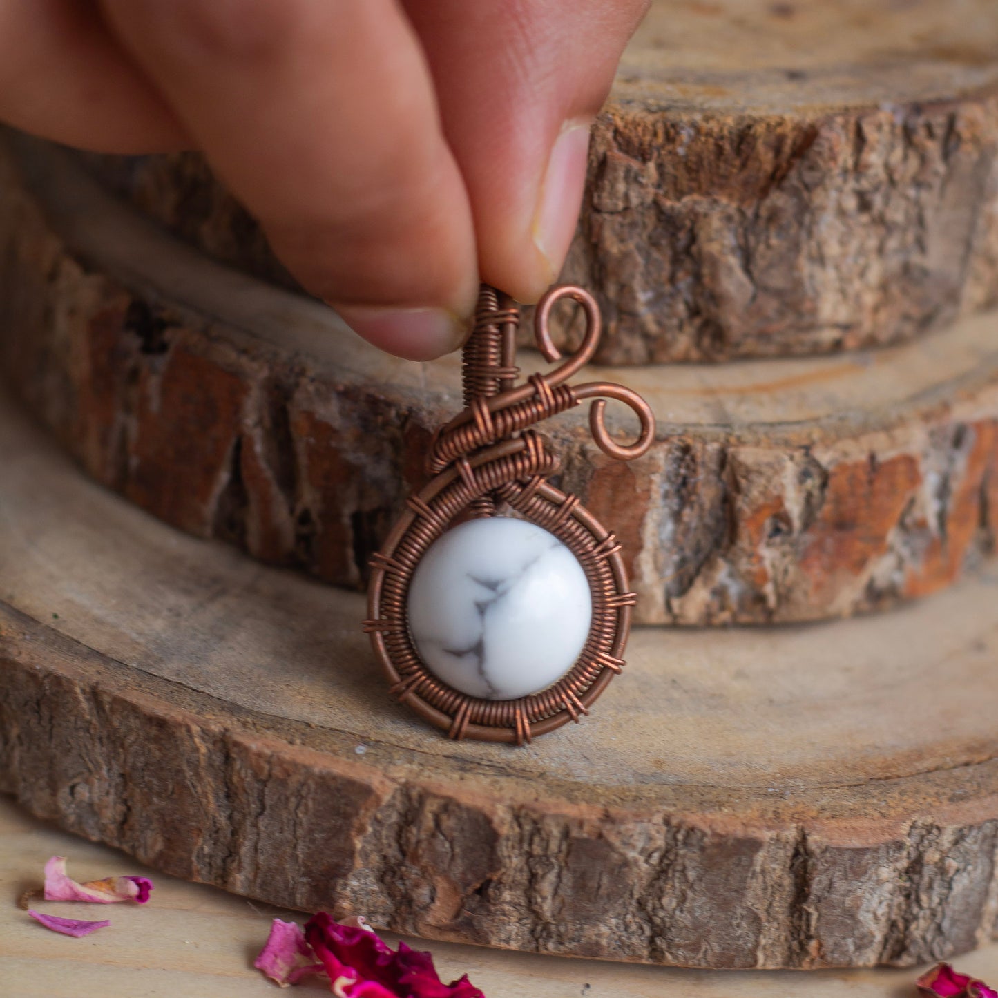 Howlite Sphere copper wire Pendant with Cord | Expressing & Anger Management