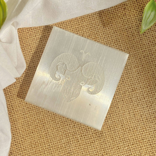 Aries Zodiac Carved Selenite Plate - 3 Inches Crystal & Stones