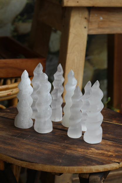 Selenite Spiral Tower - 4 Inches Approx Crystal & Stones