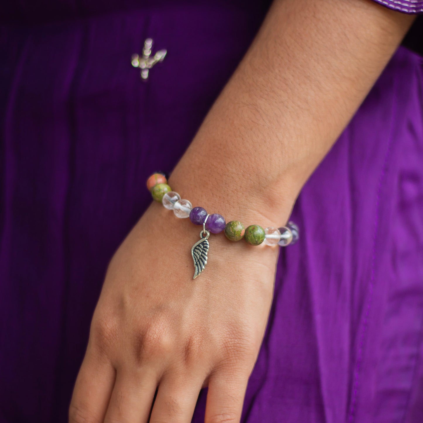 Bracelet associated with Personal Growth and overall healing | Unakite, Amethyst & Clear Quartz with angel wing charm