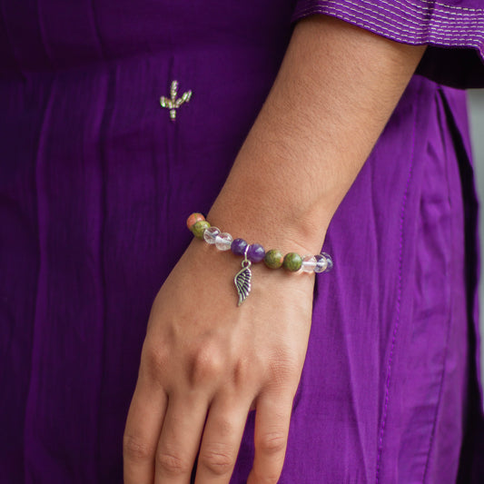 Bracelet associated with Personal Growth and overall healing | Unakite, Amethyst & Clear Quartz with angel wing charm