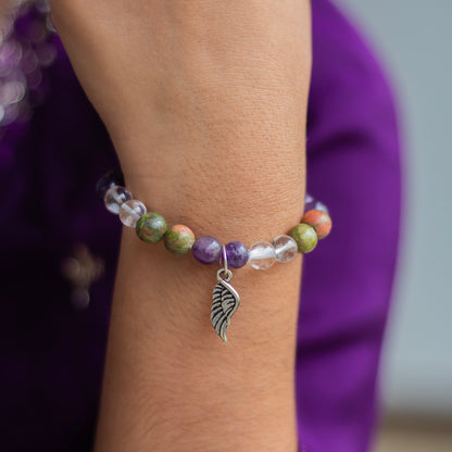 Bracelet associated with Personal Growth and overall healing | Unakite, Amethyst & Clear Quartz with angel wing charm