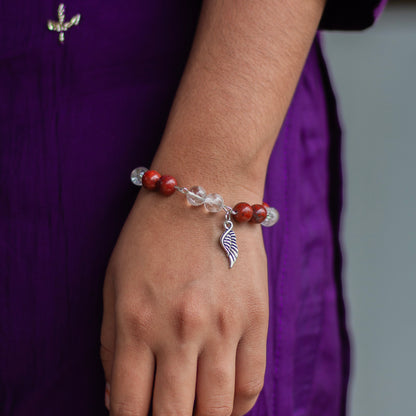 Bracelet associated with Clarity & Well-being | Red Jasper & Clear Quartz with Angel wing Charm