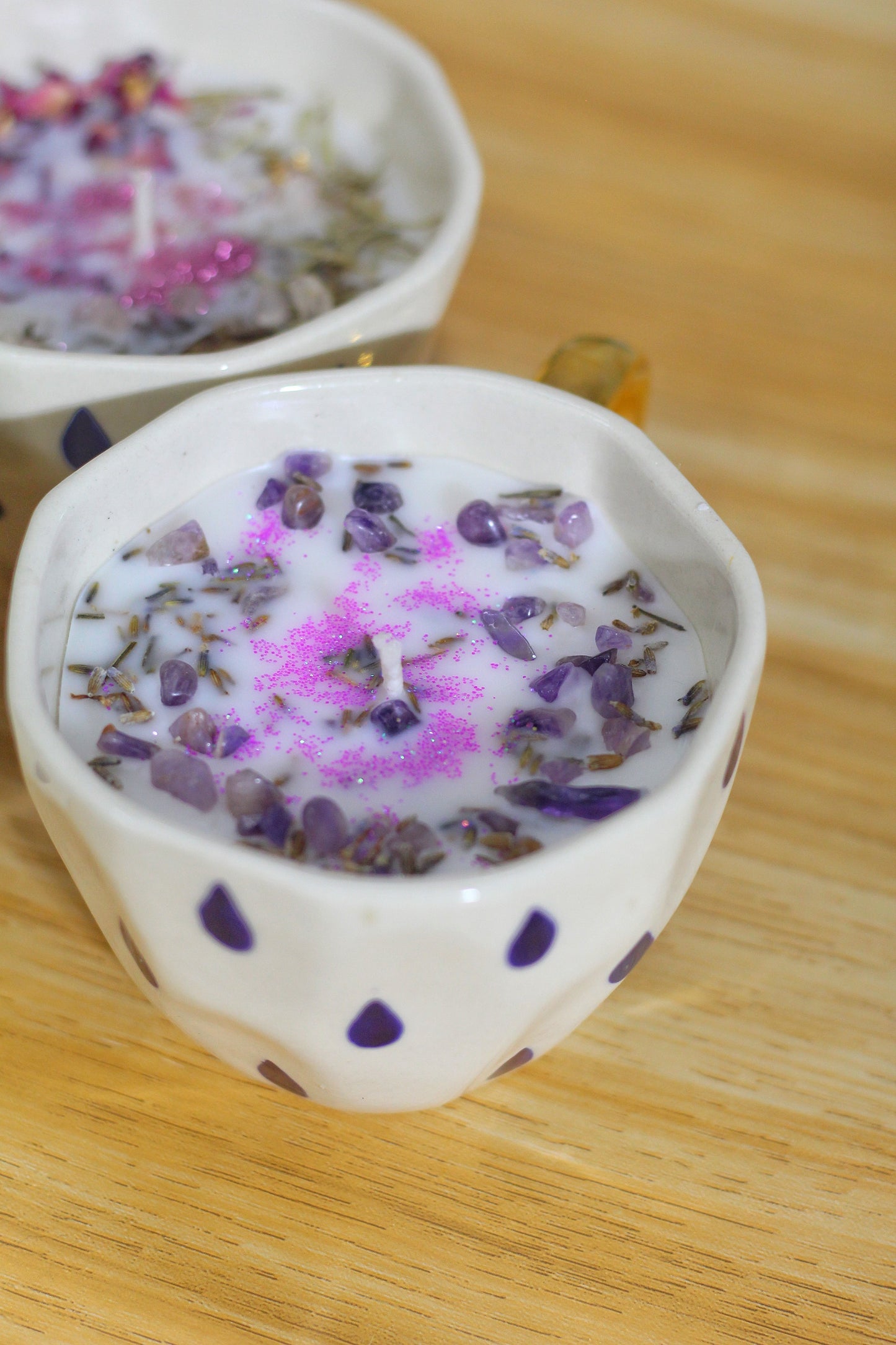 Lavender Buds + Amethyst Chips | Handmade Teardrop Print Mug With Real Liquid Gold In Handle Candles