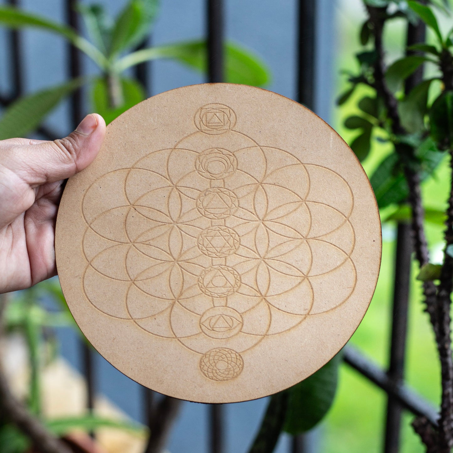 Flower of Life & Chakra details Wooden Crystal Grid Tile