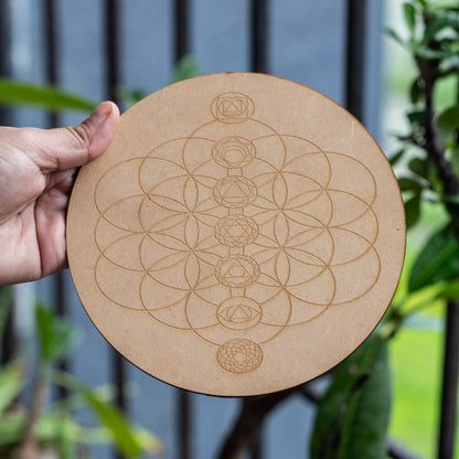 Flower of Life & Chakra details Wooden Crystal Grid Tile