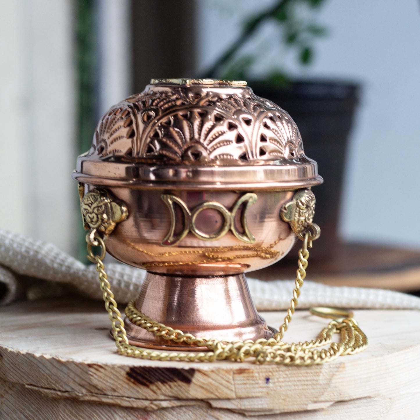 Tripe Moon Carved Copper Incense Holder